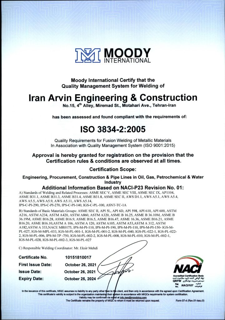 ISO 3834_2:2005 for quality management from Moody Company