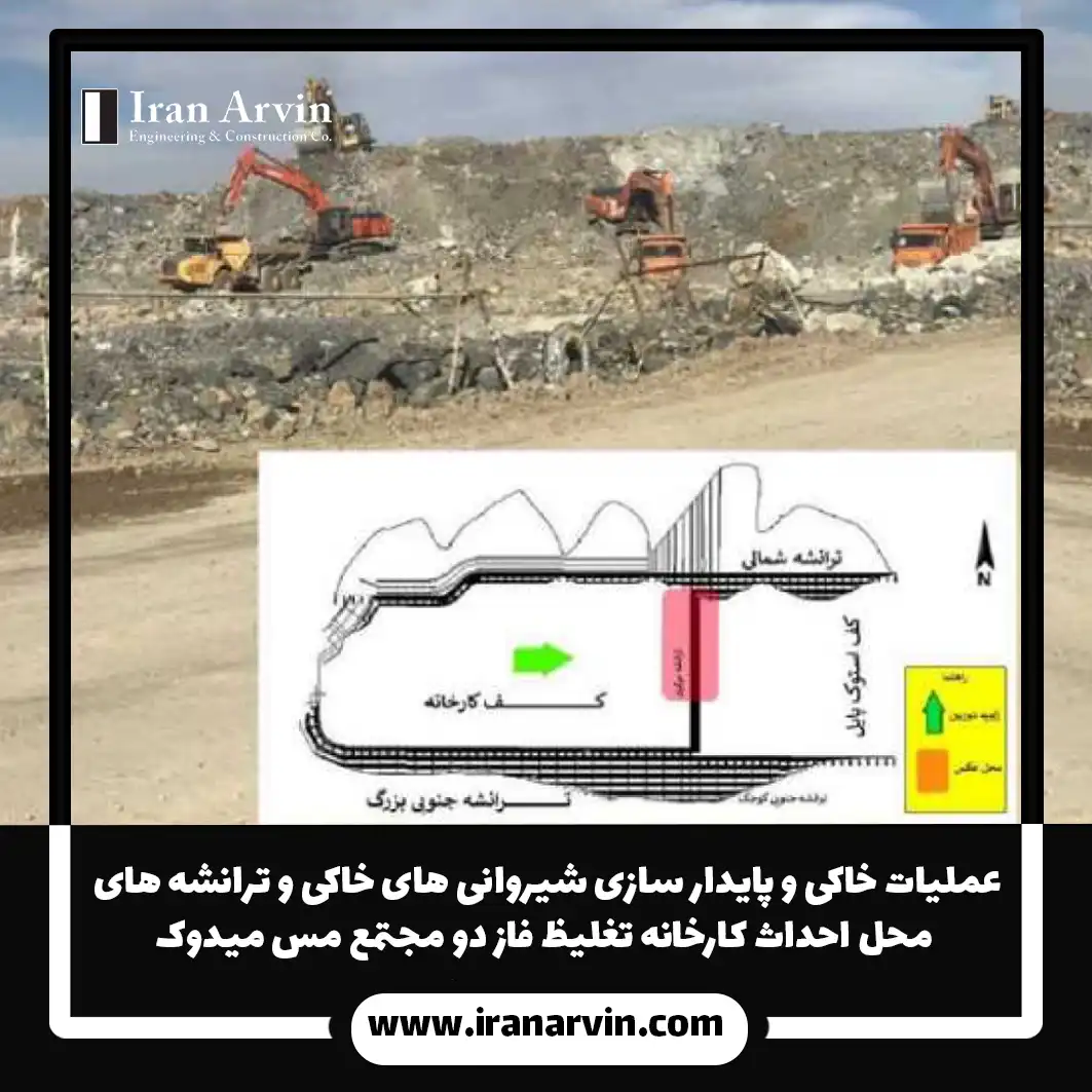 عملیات خاکی و پایدار سازی شیروانی های خاکی و ترانشه های محل احداث کارخانه تغلیظ فاز دو مجتمع مس میدوک